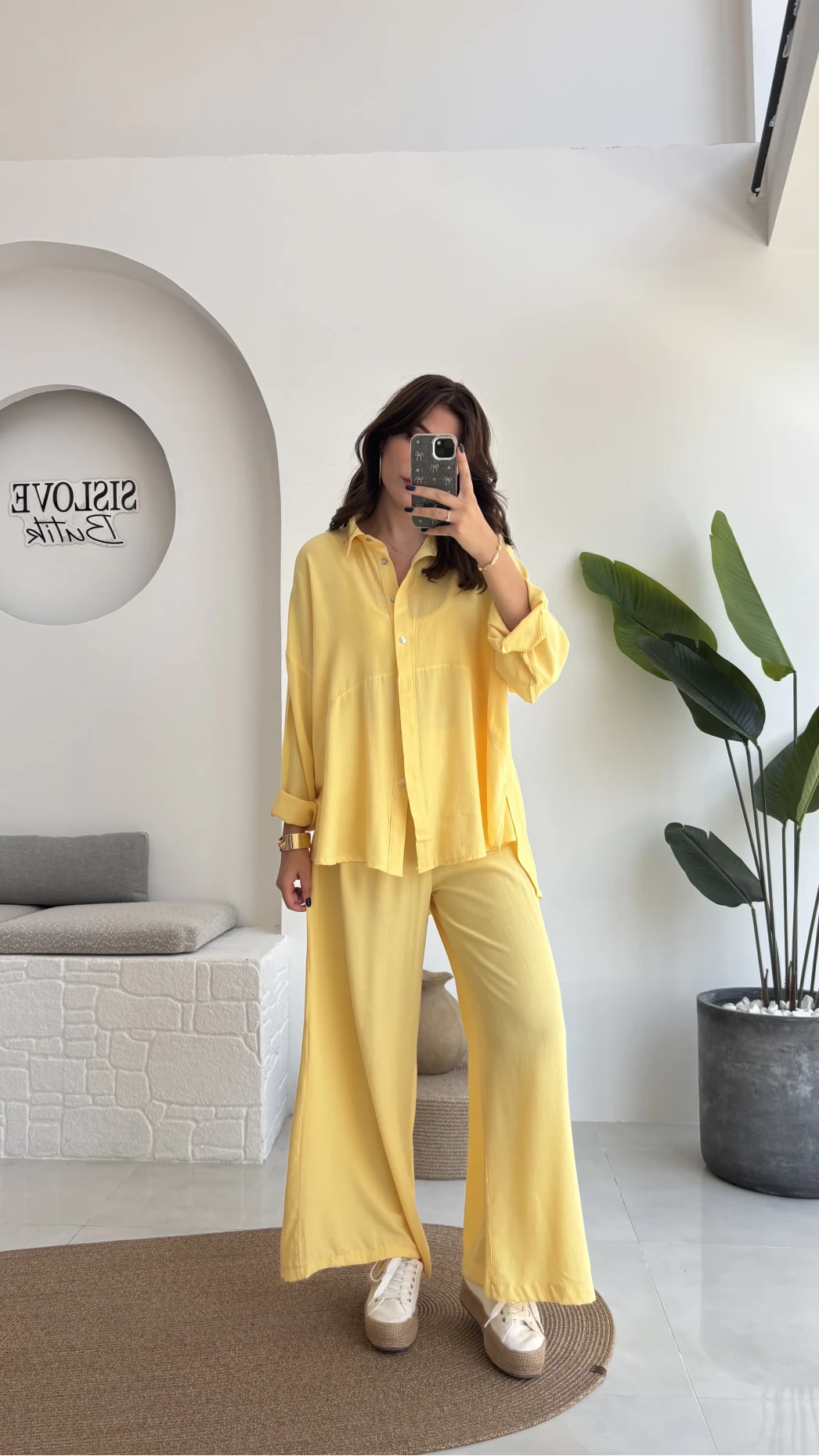 Roxy Gofre Gömlek Pantolon Takım - Sarı - 8008