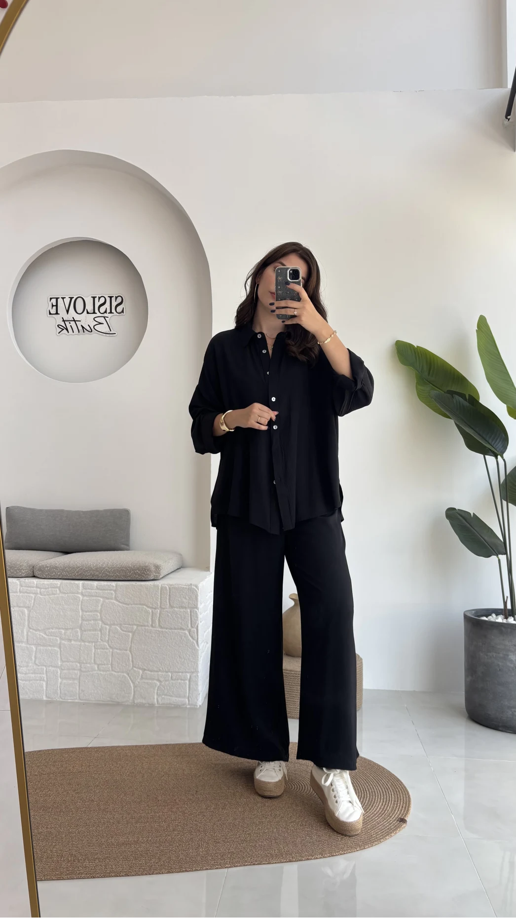 Roxy Gofre Gömlek Pantolon Takım - Siyah - 8008