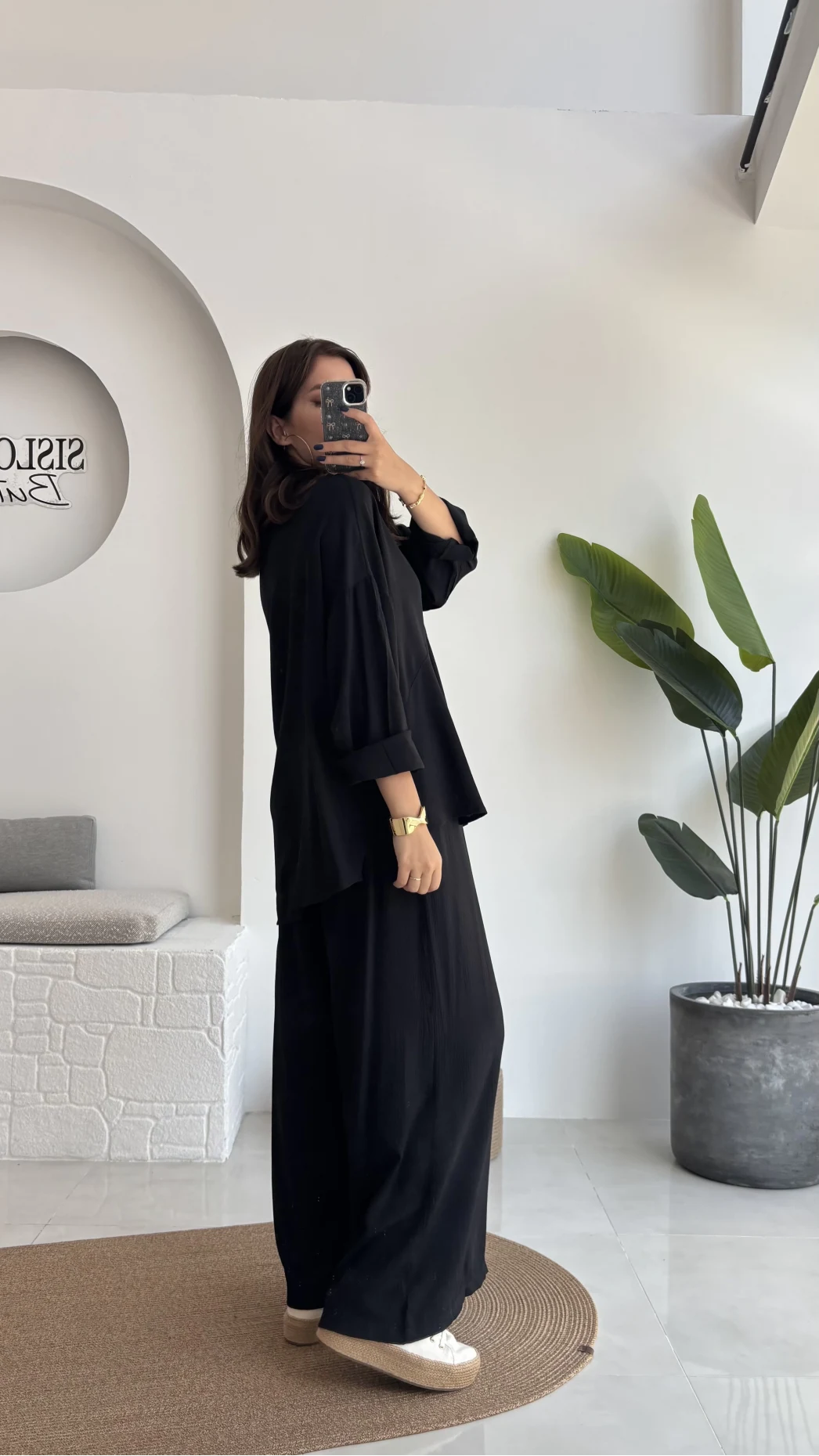 Roxy Gofre Gömlek Pantolon Takım - Siyah - 8008