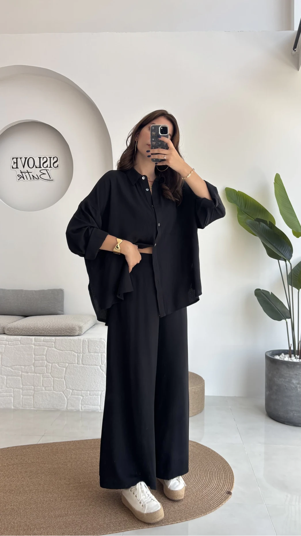 Roxy Gofre Gömlek Pantolon Takım - Siyah - 8008