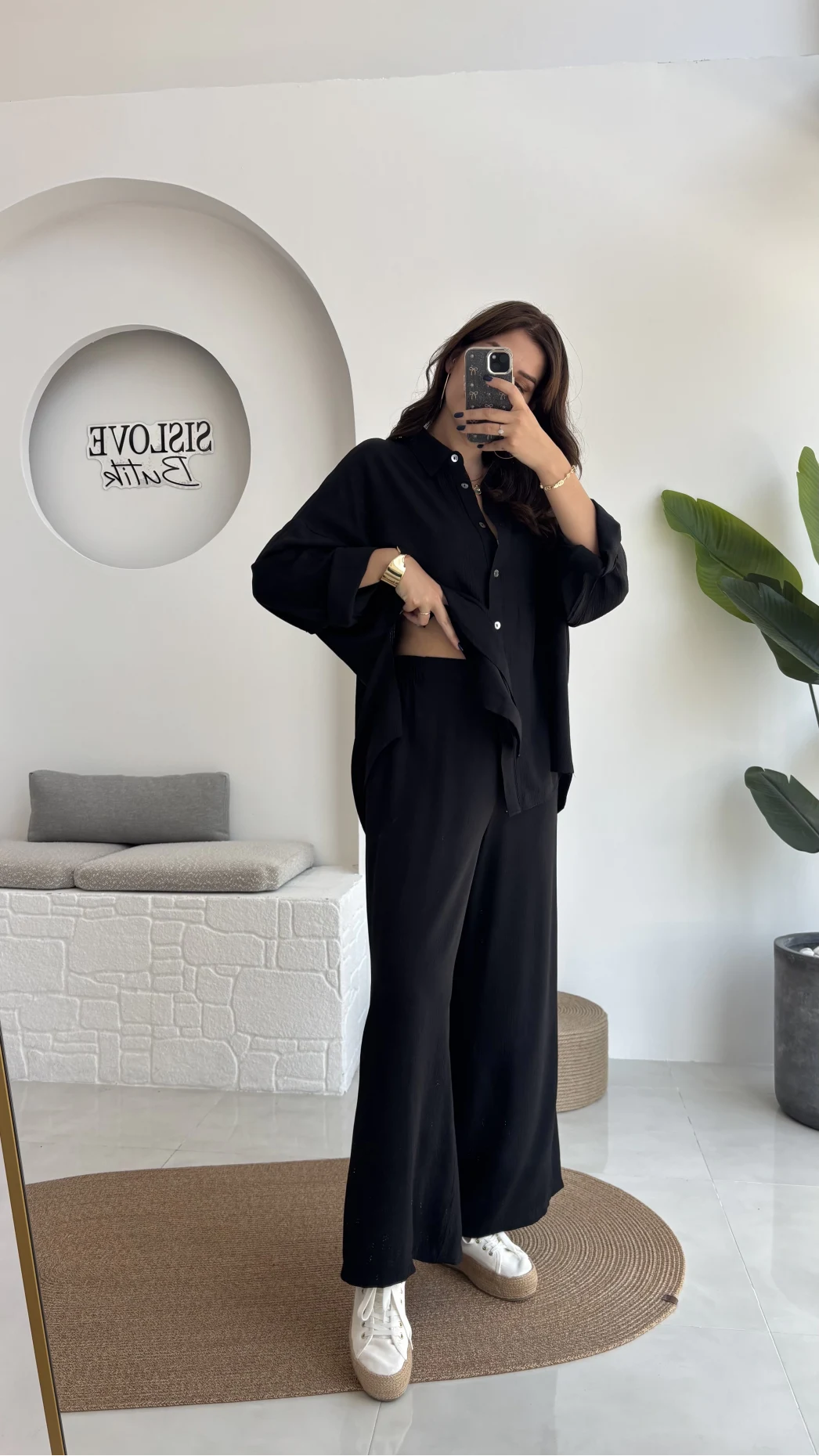 Roxy Gofre Gömlek Pantolon Takım - Siyah - 8008