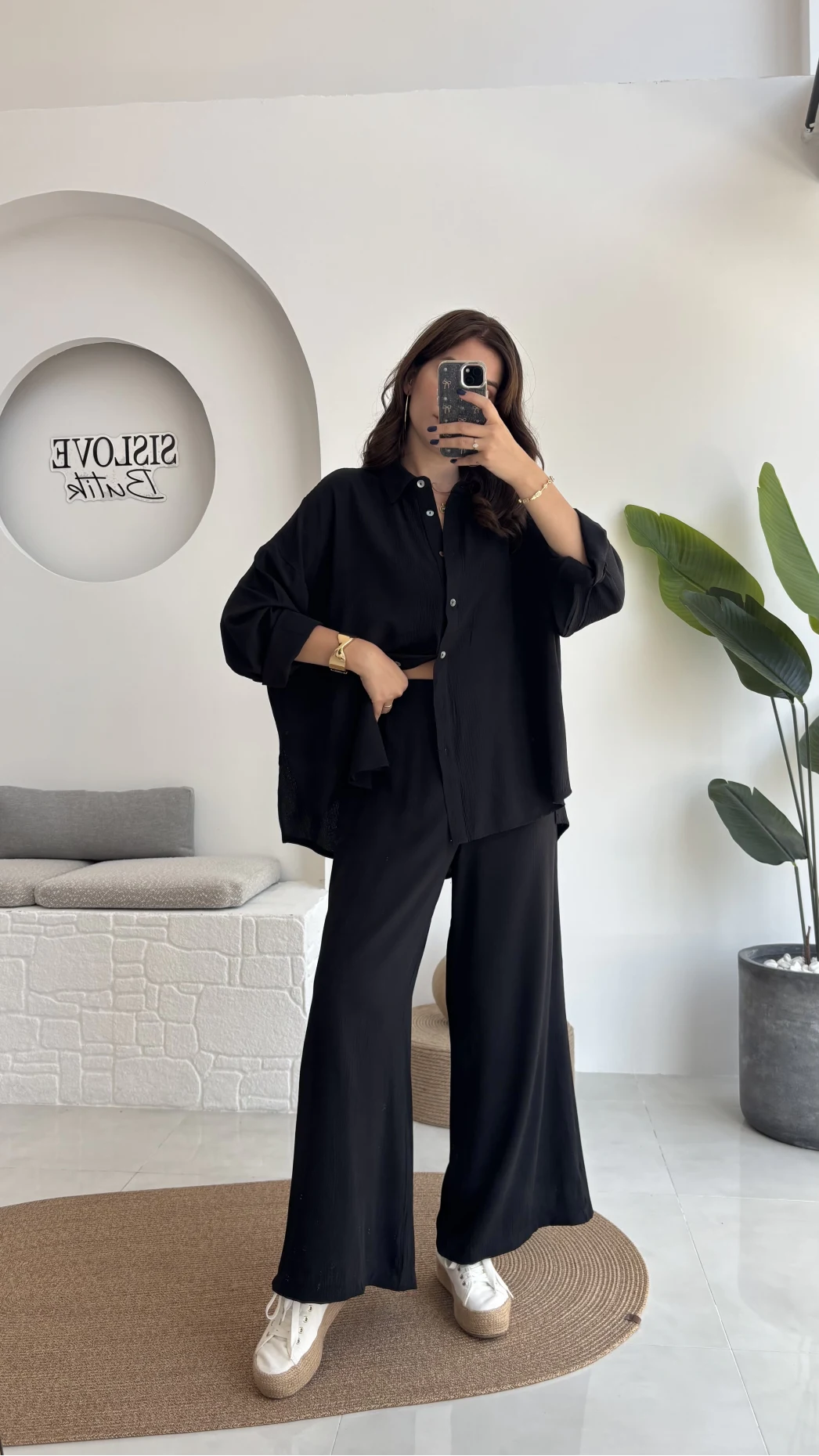 Roxy Gofre Gömlek Pantolon Takım - Siyah - 8008