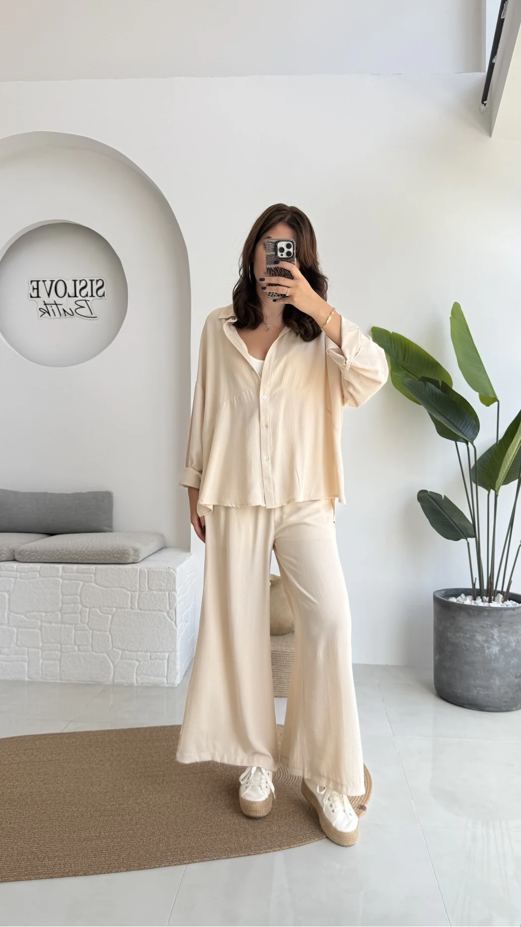 Roxy Gofre Gömlek Pantolon Takım - Taş - 8008