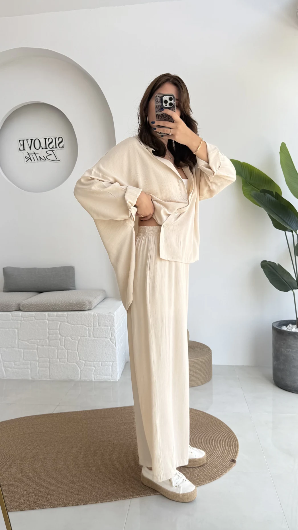 Roxy Gofre Gömlek Pantolon Takım - Taş - 8008