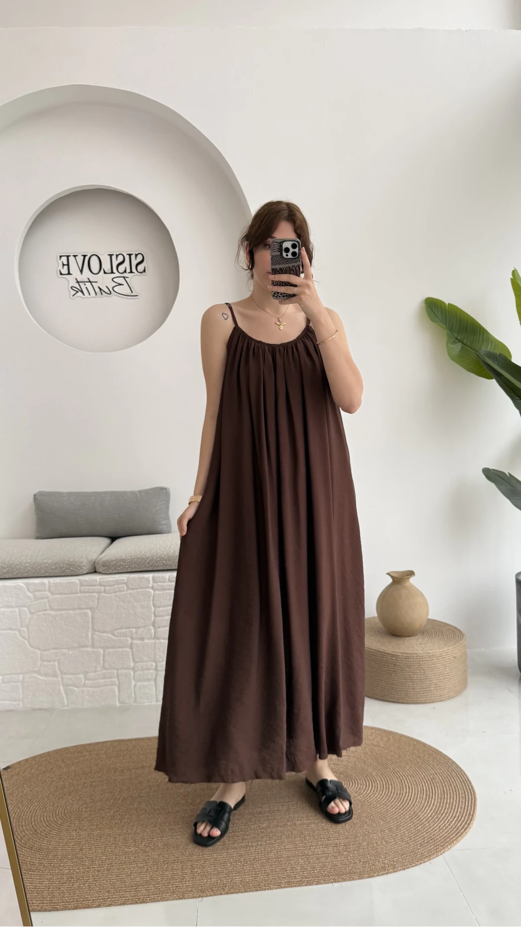 Ru Dökümlü Viskon Elbise - Kahve - 3013