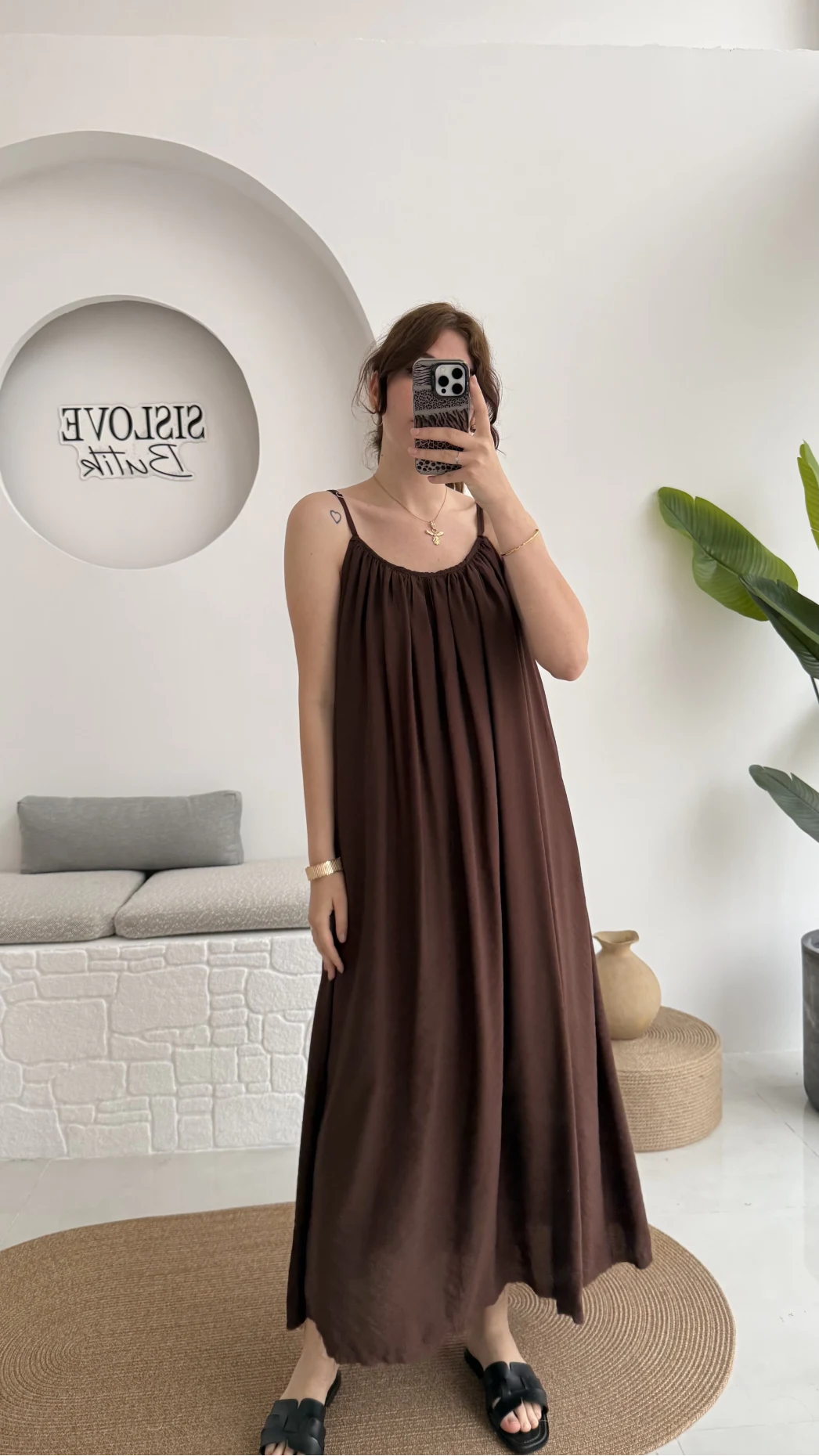 Ru Dökümlü Viskon Elbise - Kahve - 3013