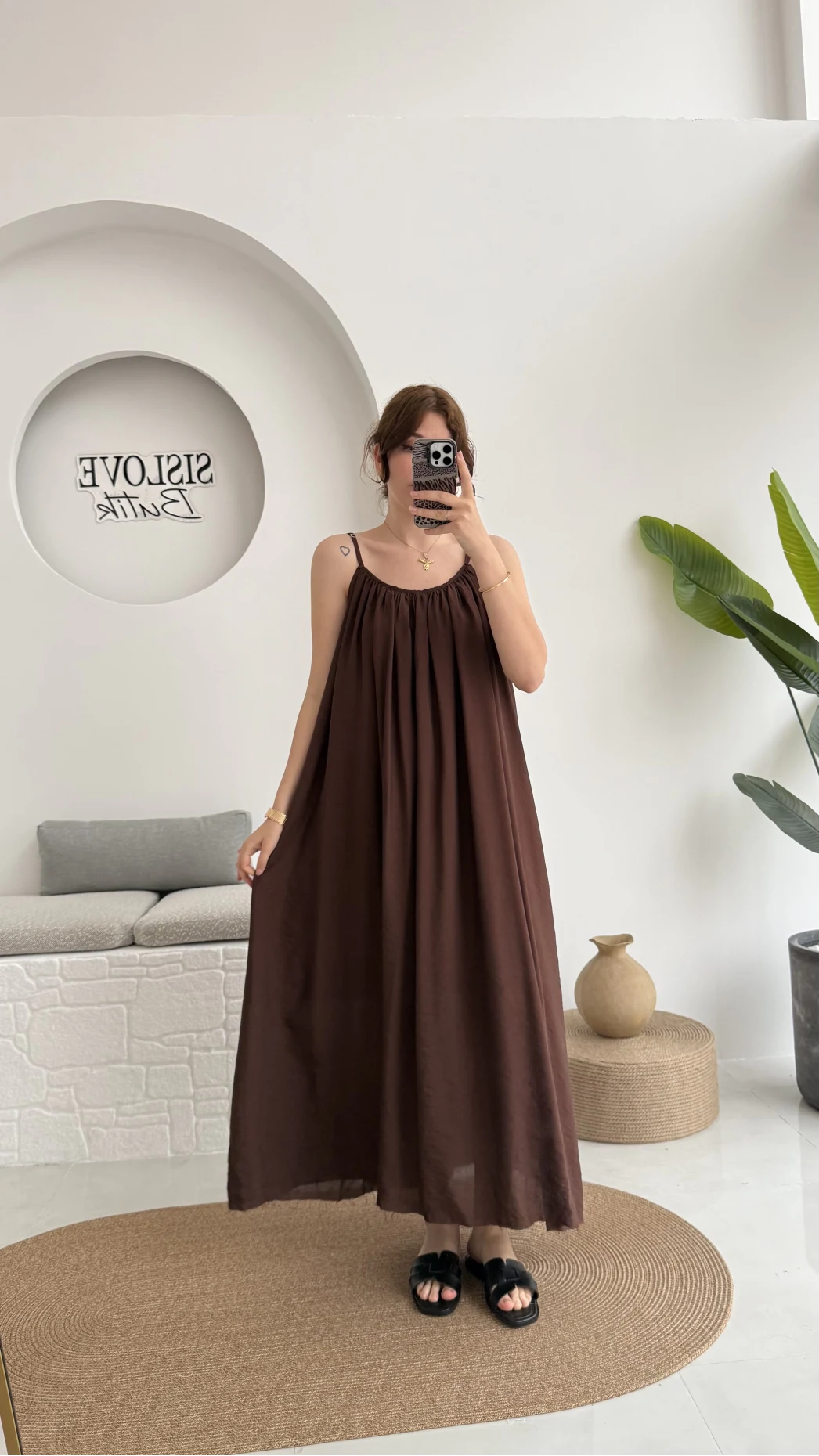 Ru Dökümlü Viskon Elbise - Kahve - 3013