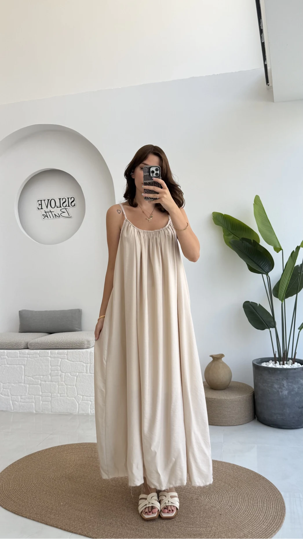 Ru Dökümlü Viskon Elbise - Taş - 3013