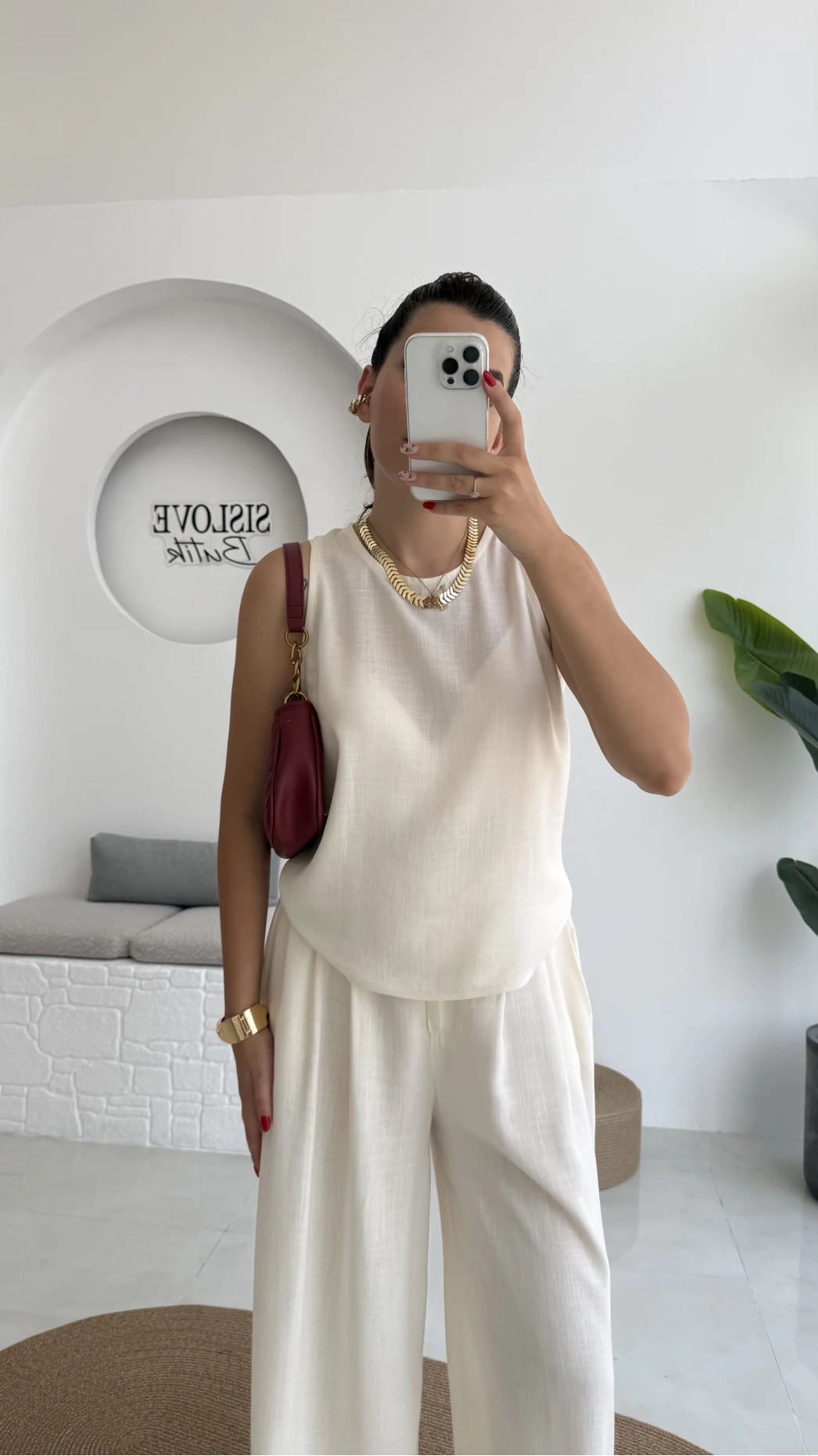 Ruby Sıfır Kol Bluz Pantolon Takım - Ekru - 7143