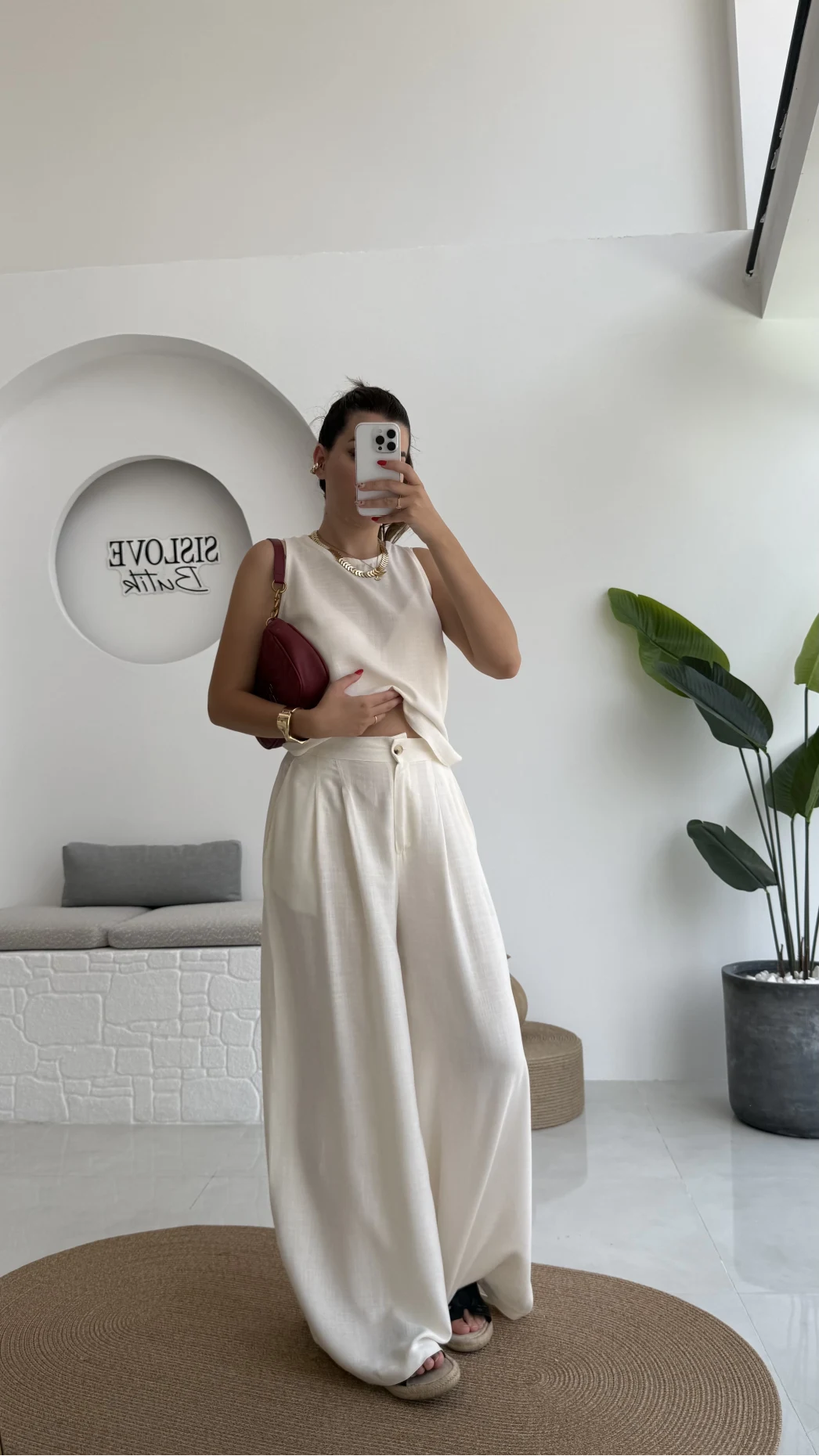 Ruby Sıfır Kol Bluz Pantolon Takım - Ekru - 7143