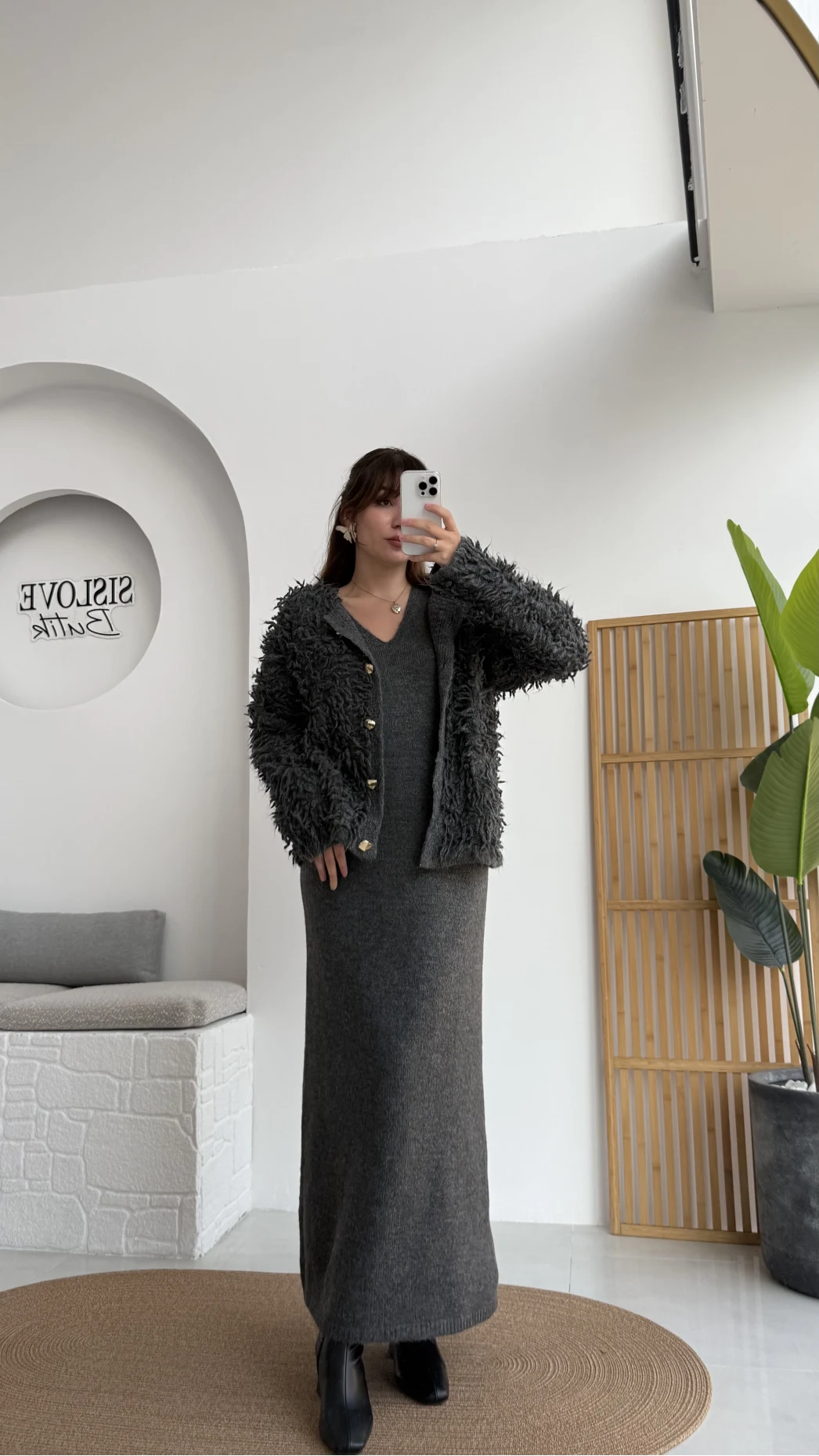 Saçaklı Hırka Elbise Takım - Antrasit - Kod: 9062-9063