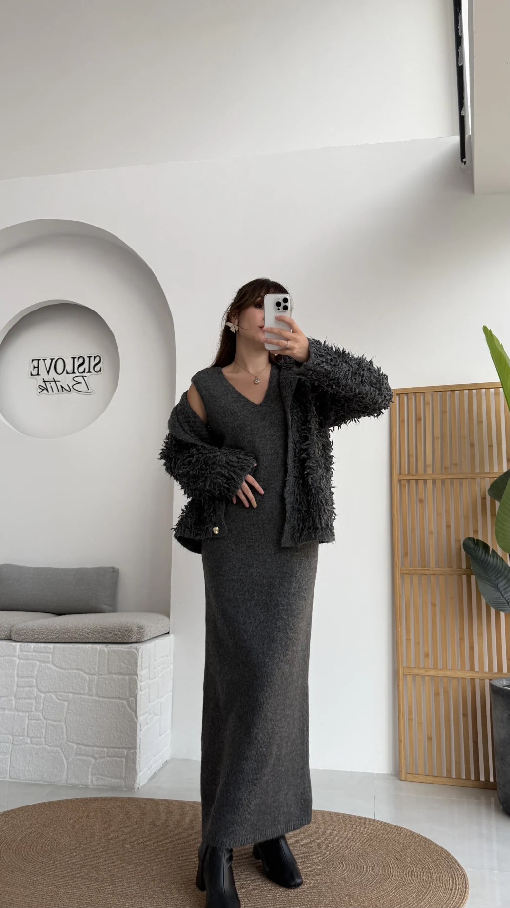 Saçaklı Hırka Elbise Takım - Antrasit - Kod: 9062-9063