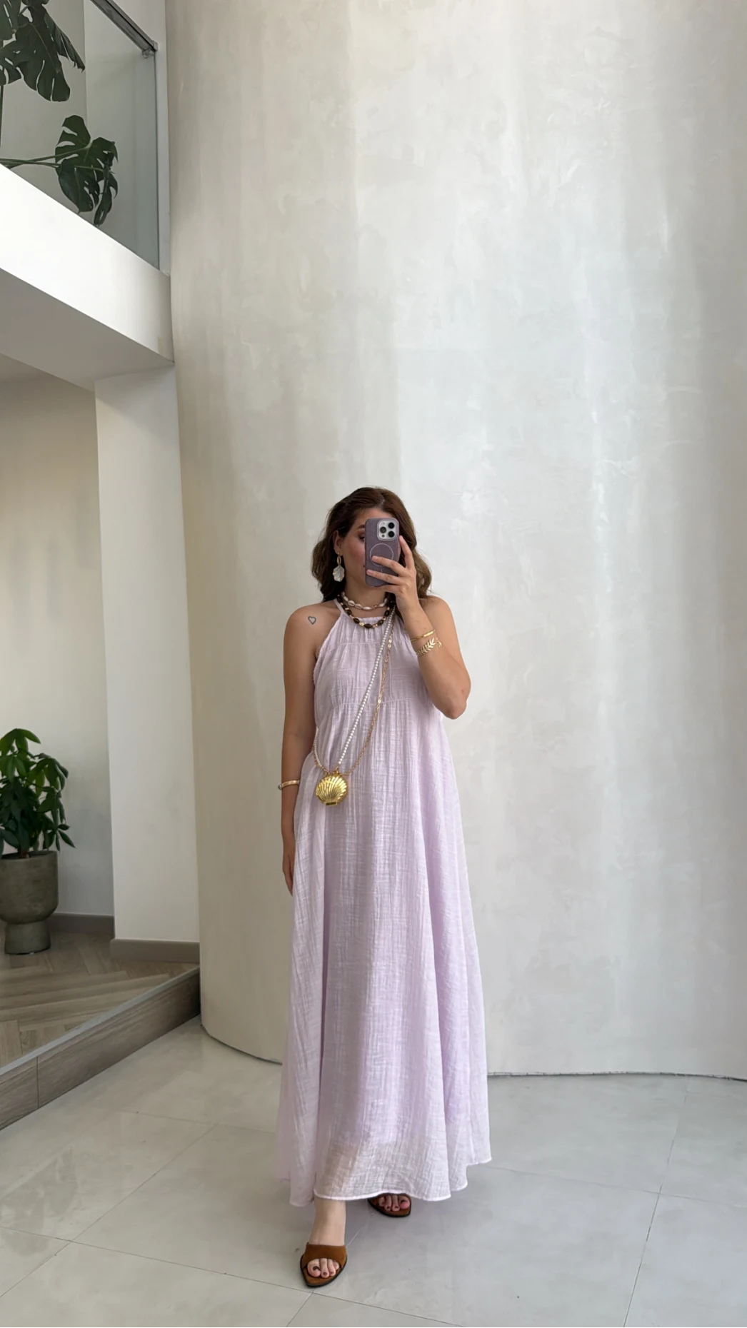 Şallı Askılı Elbise - Lila - Kod: 3428