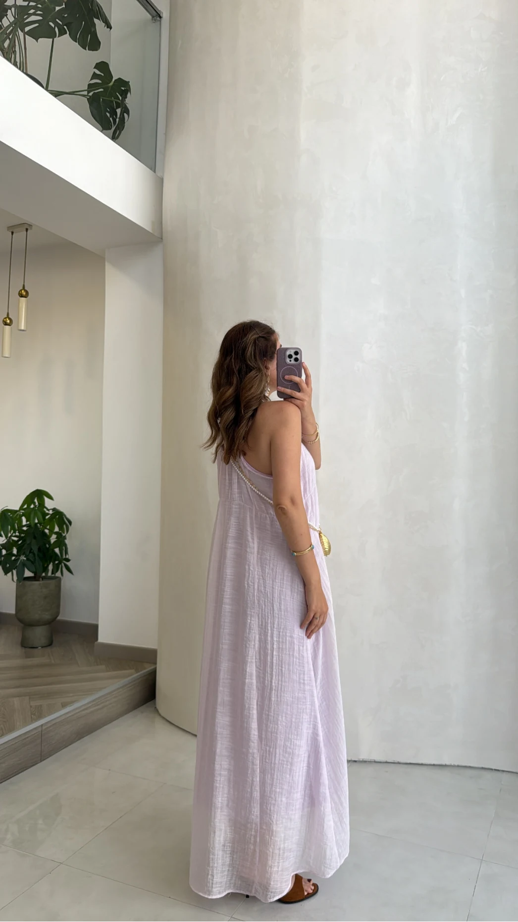 Şallı Askılı Elbise - Lila - Kod: 3428