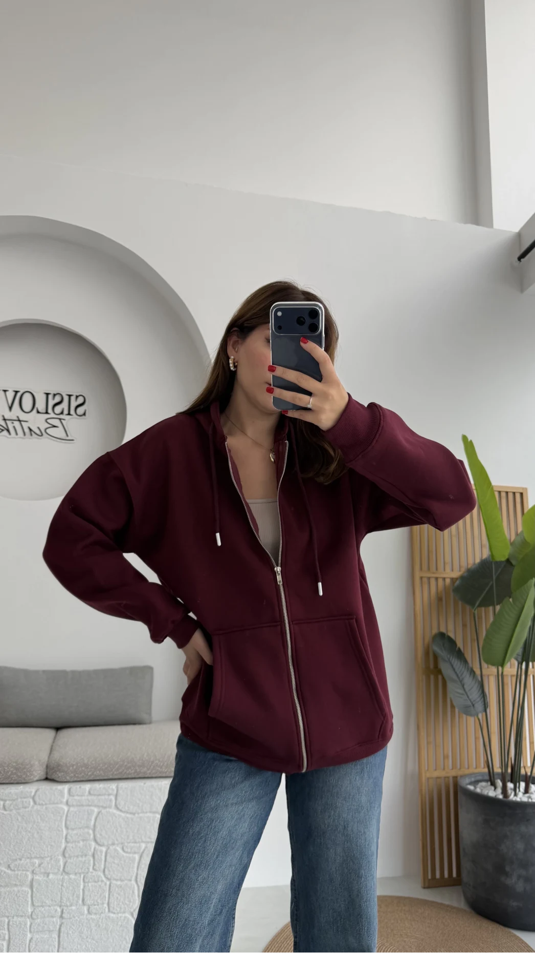 Samantha 3 İplik Fermuarlı Kapüşonlu Hırka - Bordo- Kod: 2992