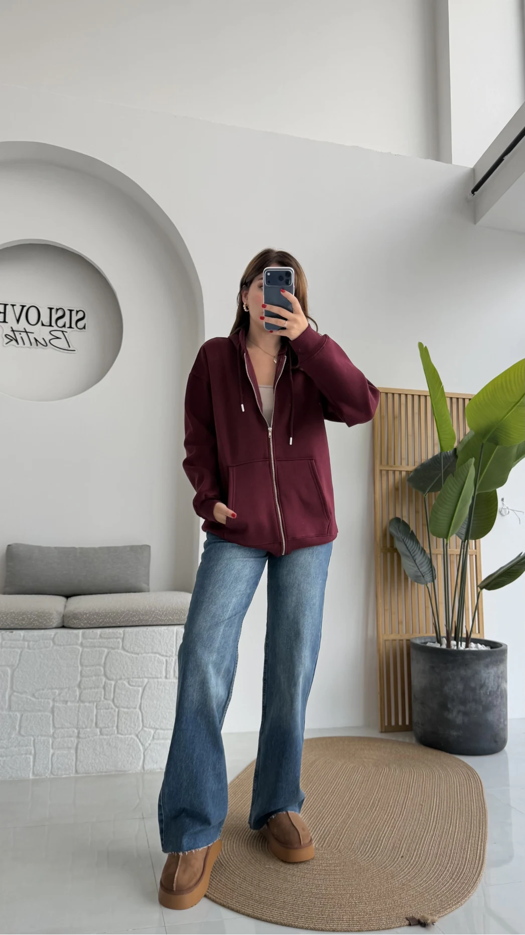 Samantha 3 İplik Fermuarlı Kapüşonlu Hırka - Bordo- Kod: 2992