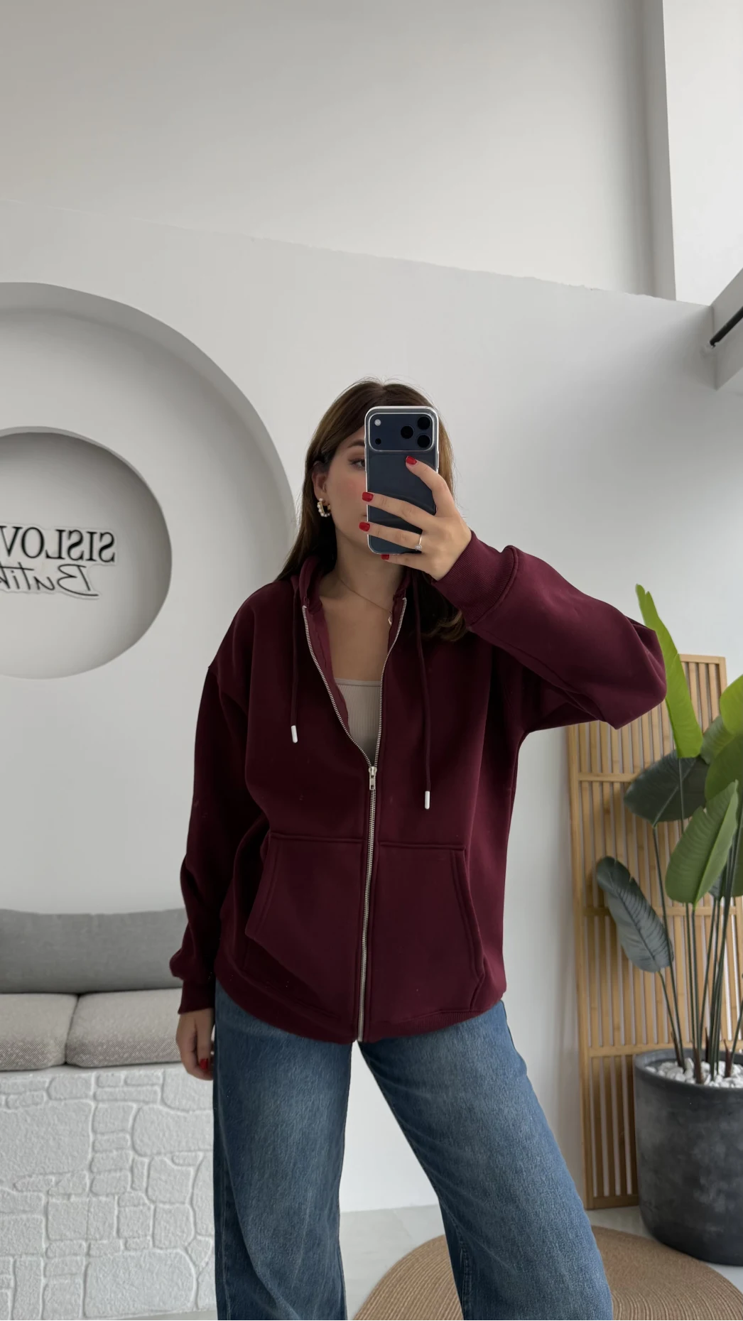 Samantha 3 İplik Fermuarlı Kapüşonlu Hırka - Bordo- Kod: 2992