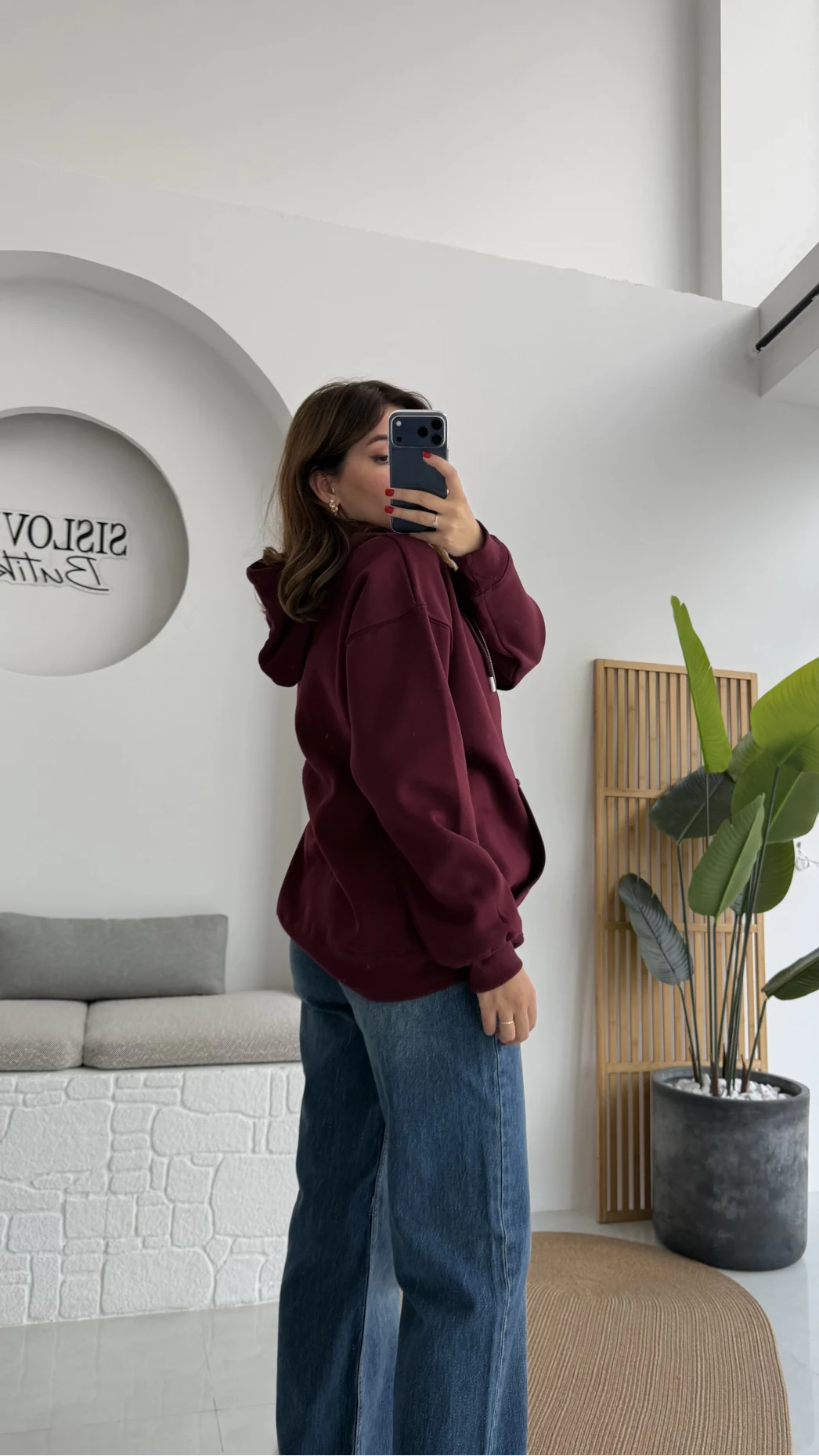 Samantha 3 İplik Fermuarlı Kapüşonlu Hırka - Bordo- Kod: 2992