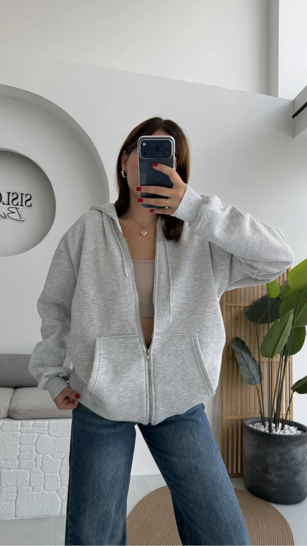 Samantha 3 İplik Fermuarlı Kapüşonlu Hırka - Gri - Kod: 2992