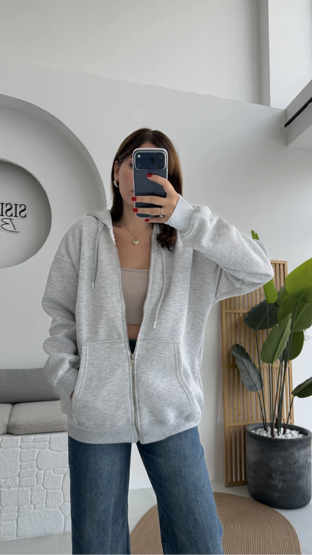 Samantha 3 İplik Fermuarlı Kapüşonlu Hırka - Gri - Kod: 2992