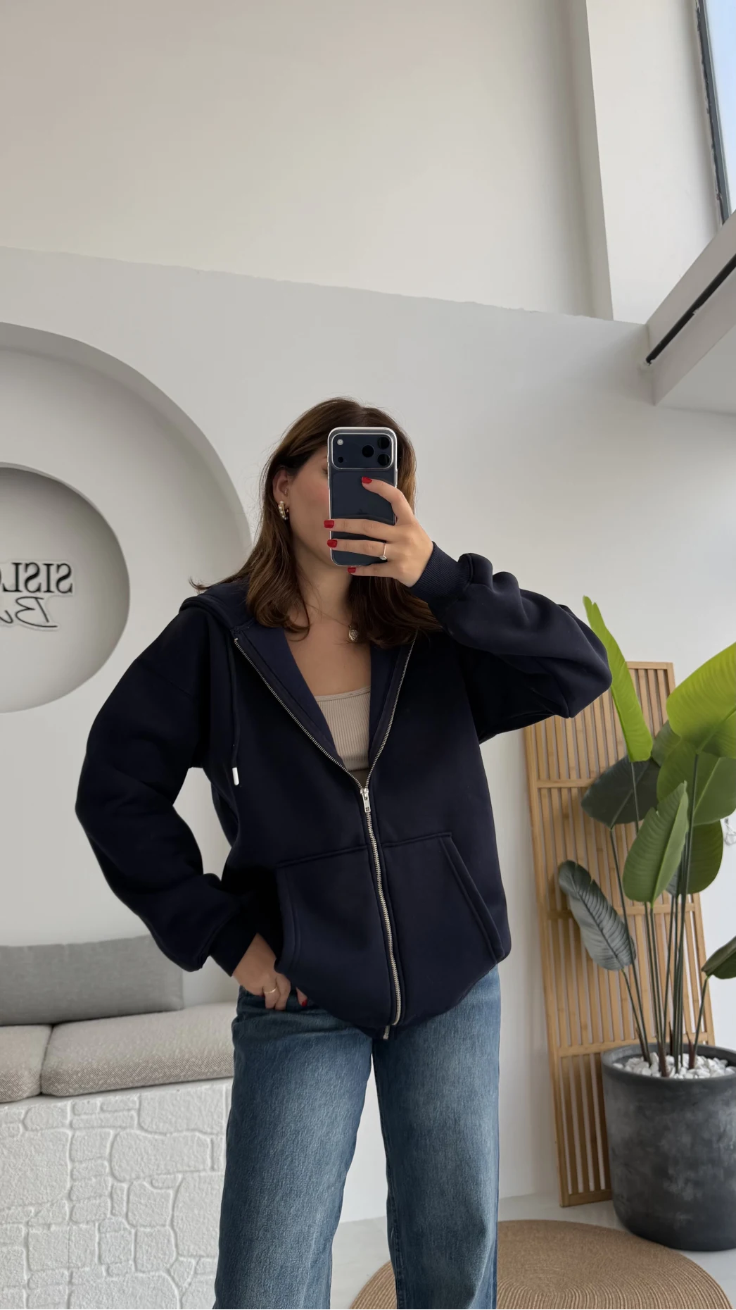 Samantha 3 İplik Fermuarlı Kapüşonlu Hırka - Lacivert - Kod: 2992