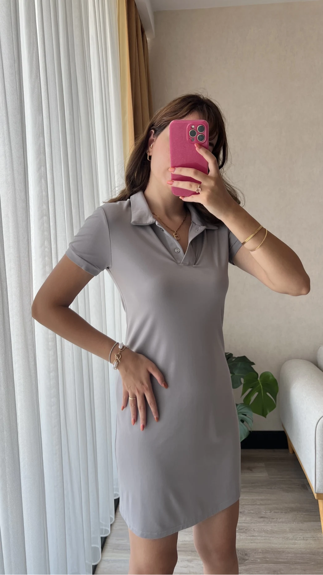 Sandy Kumaş Polo Yaka Elbise Gri