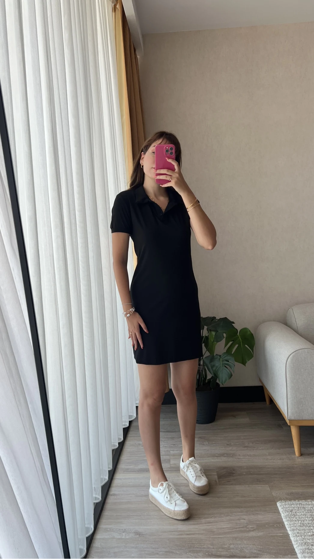 Sandy Kumaş Polo Yaka Elbise Siyah