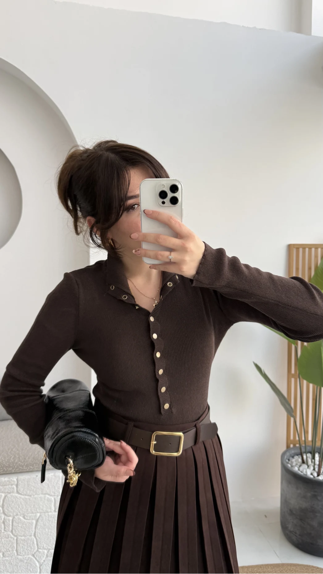 Sasha Dik Yaka Düğmeli Triko Kazak - Acı Kahve