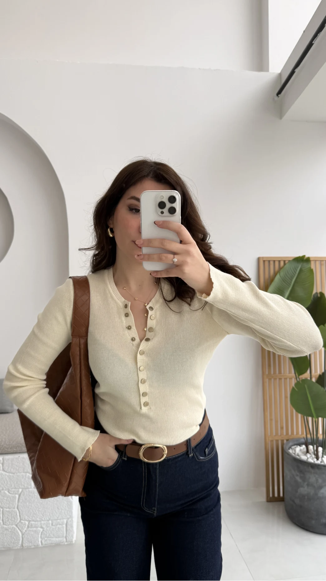 Sasha Dik Yaka Düğmeli Triko Kazak - Ekru