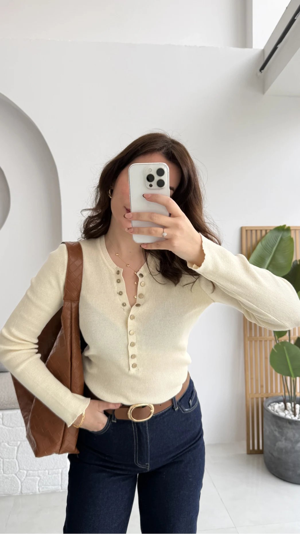 Sasha Dik Yaka Düğmeli Triko Kazak - Ekru