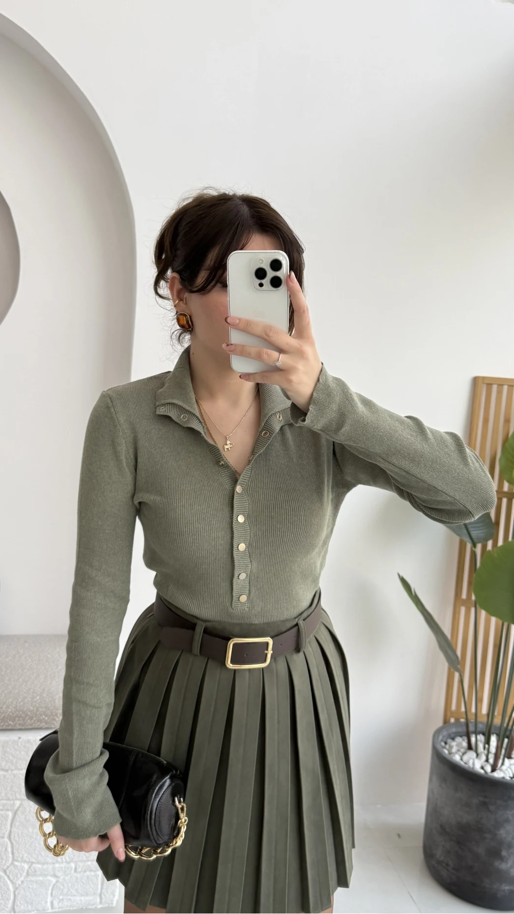 Sasha Dik Yaka Düğmeli Triko Kazak - Haki