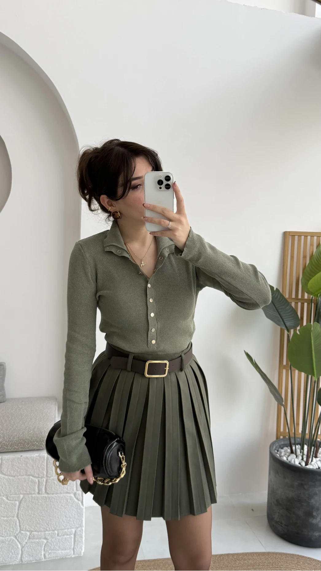 Sasha Dik Yaka Düğmeli Triko Kazak - Haki