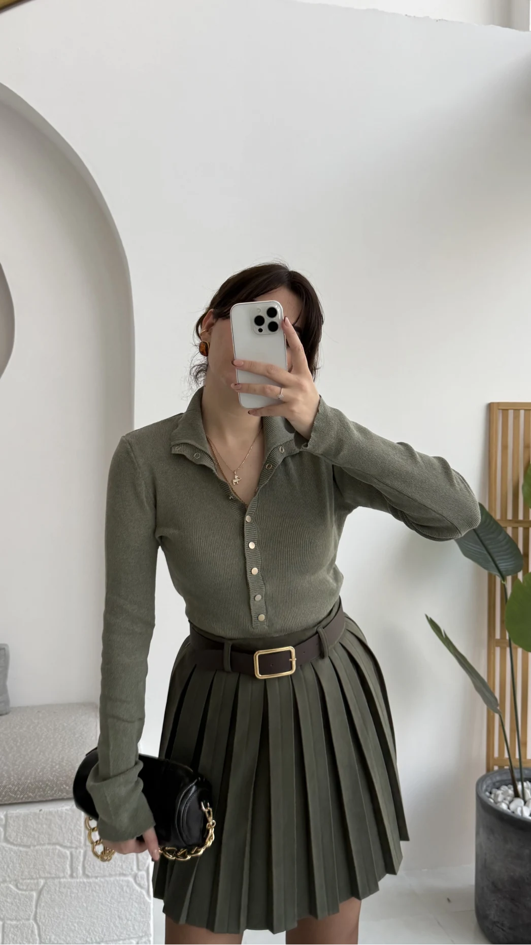 Sasha Dik Yaka Düğmeli Triko Kazak - Haki