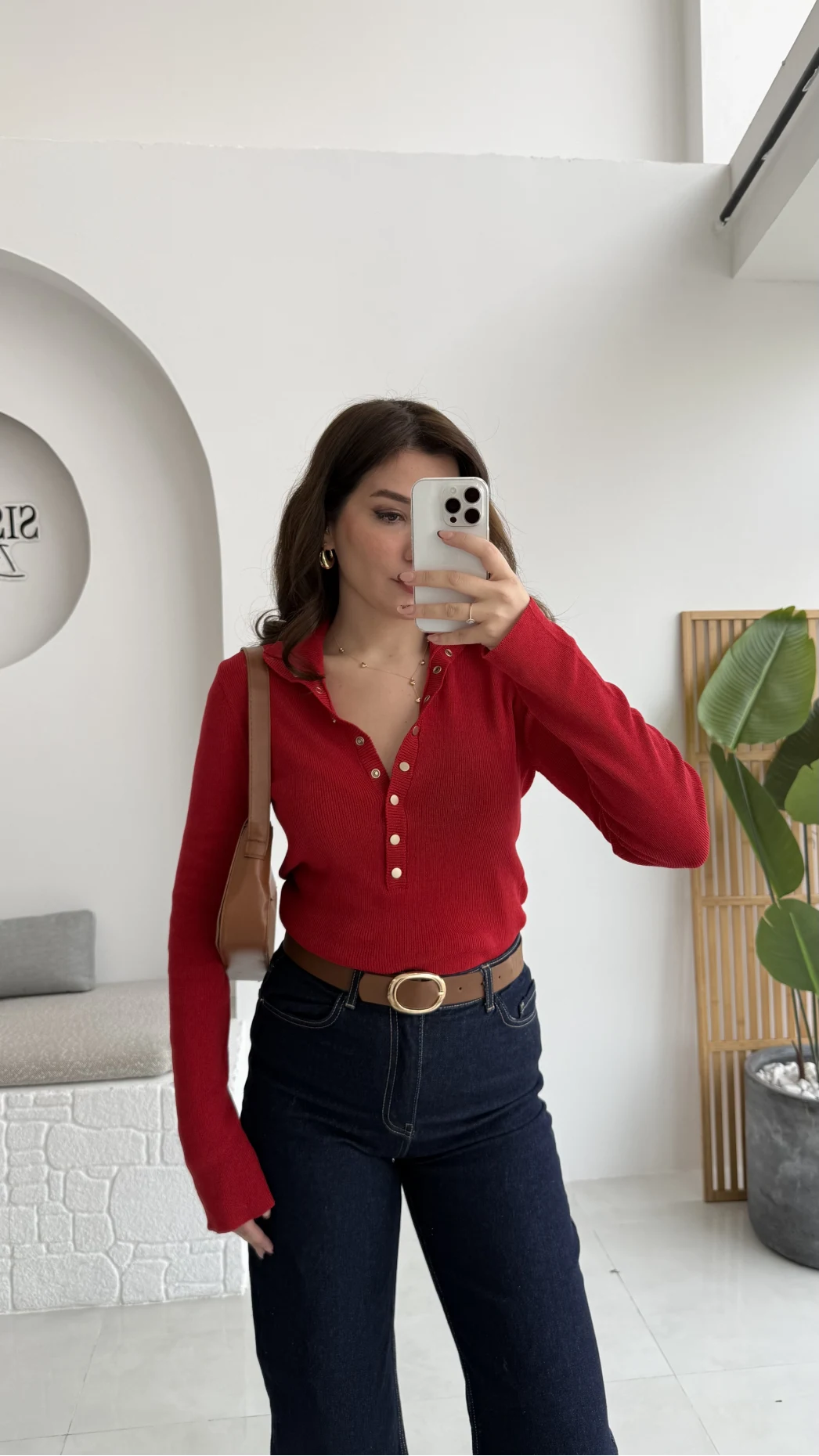 Sasha Dik Yaka Düğmeli Triko Kazak - Kırmızı