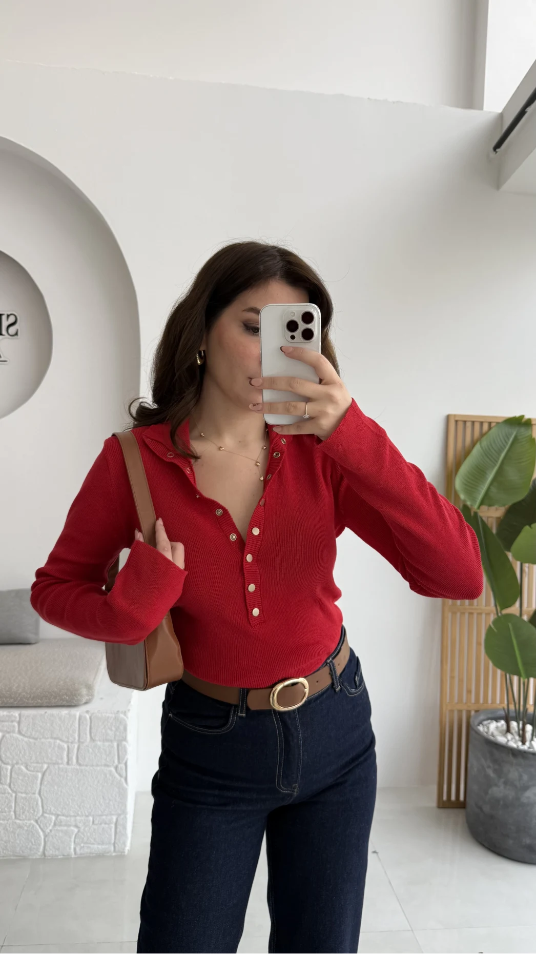 Sasha Dik Yaka Düğmeli Triko Kazak - Kırmızı