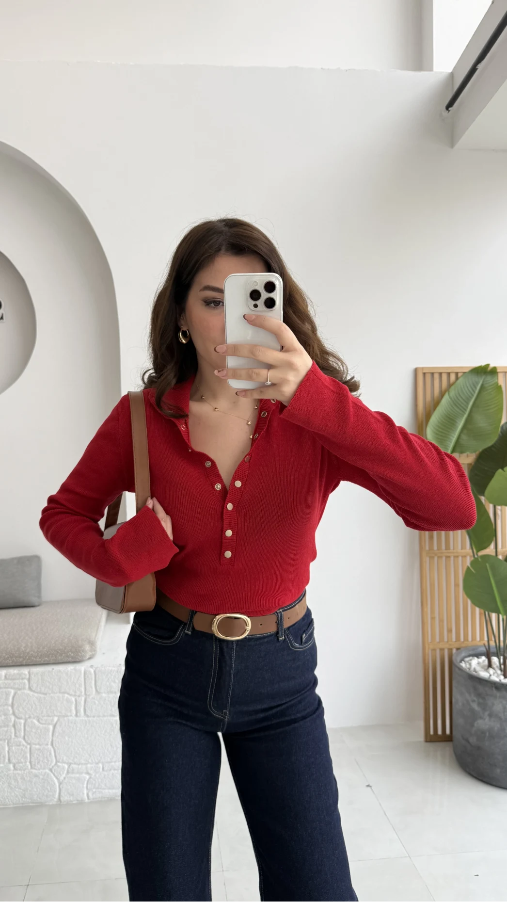 Sasha Dik Yaka Düğmeli Triko Kazak - Kırmızı