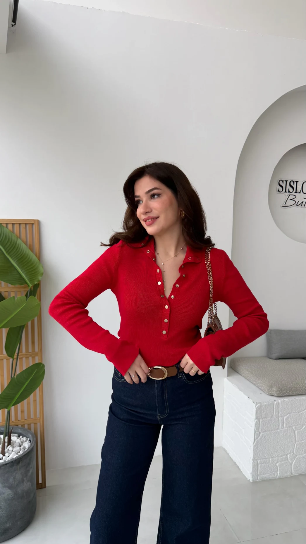 Sasha Dik Yaka Düğmeli Triko Kazak - Kırmızı