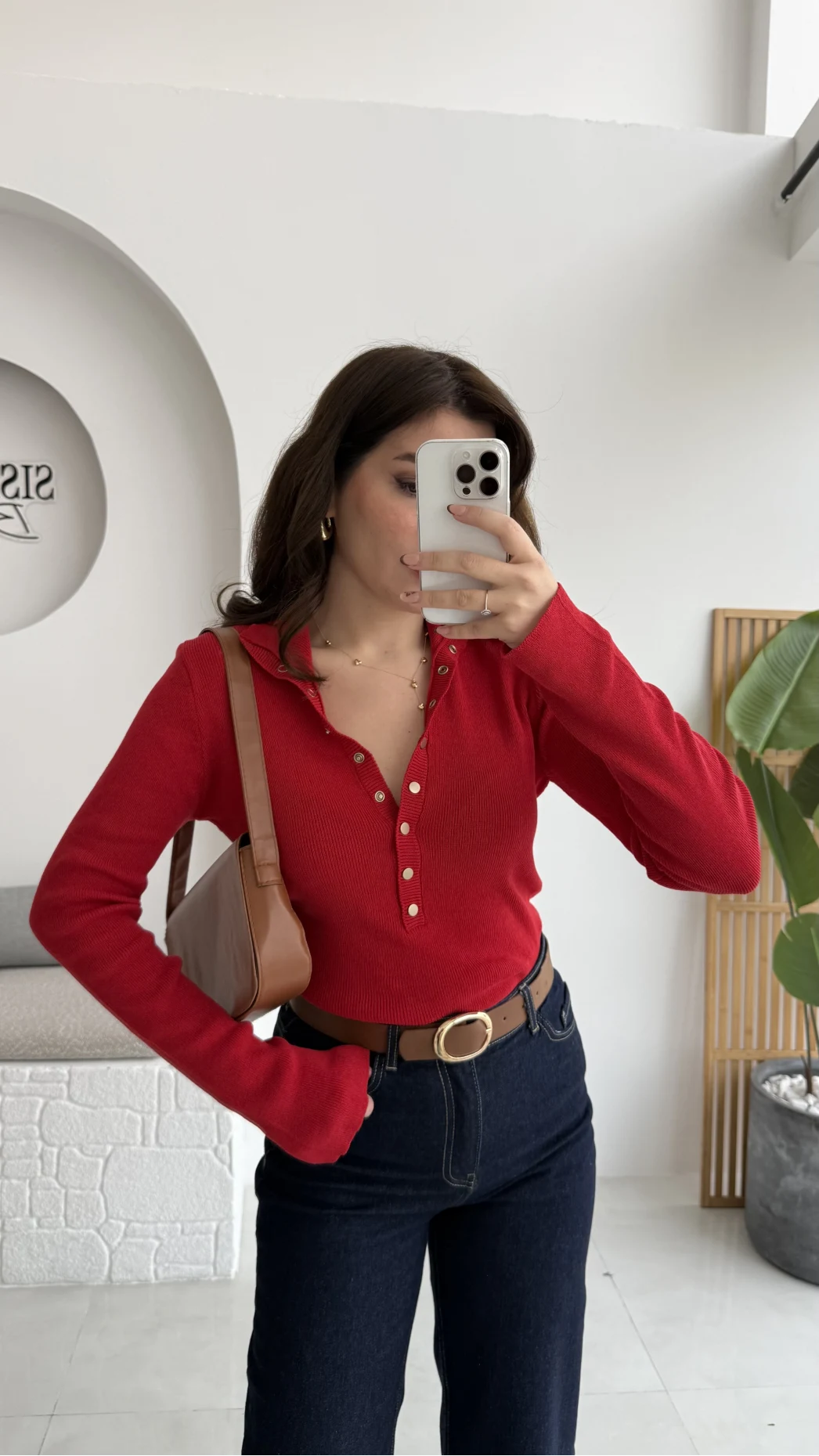 Sasha Dik Yaka Düğmeli Triko Kazak - Kırmızı