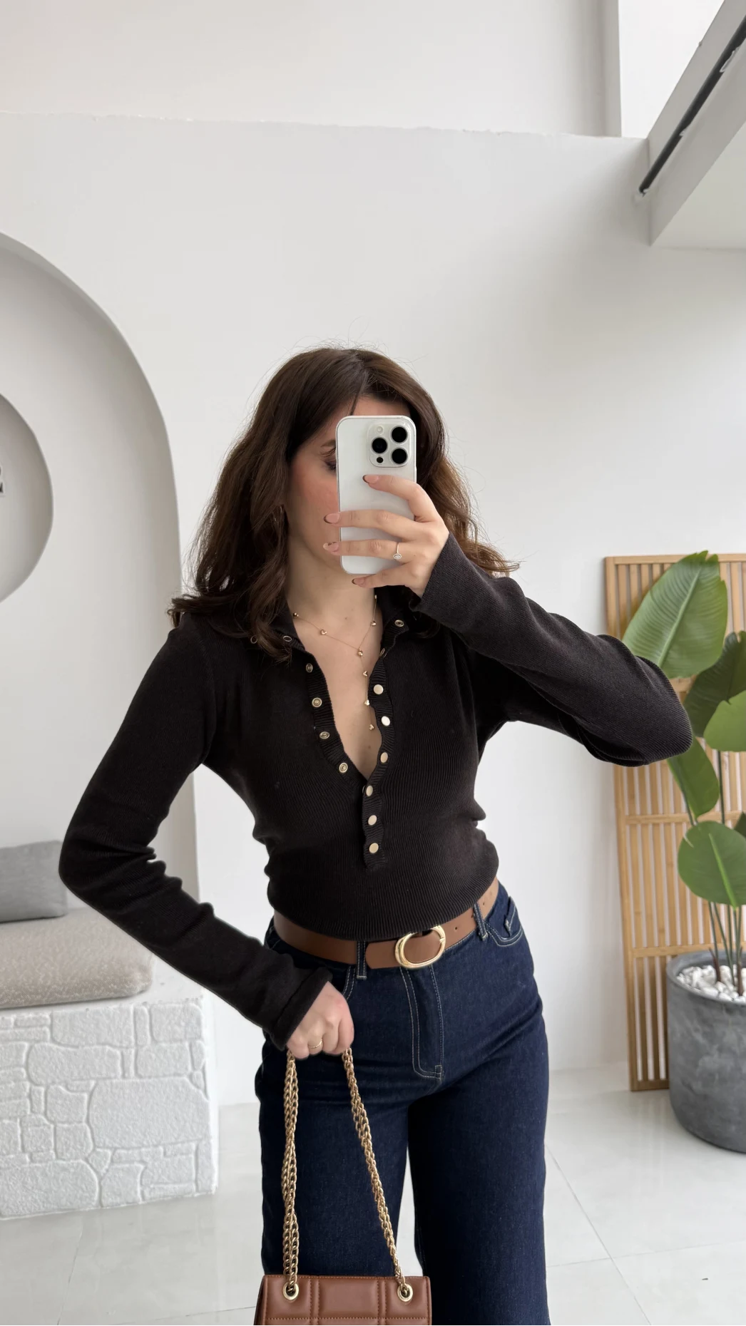 Sasha Dik Yaka Düğmeli Triko Kazak - Siyah Tonlu