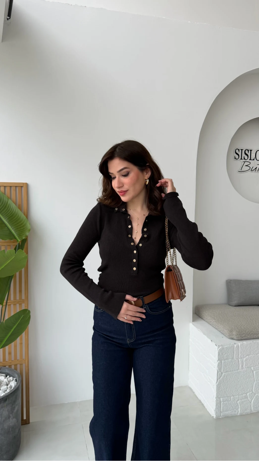 Sasha Dik Yaka Düğmeli Triko Kazak - Siyah Tonlu