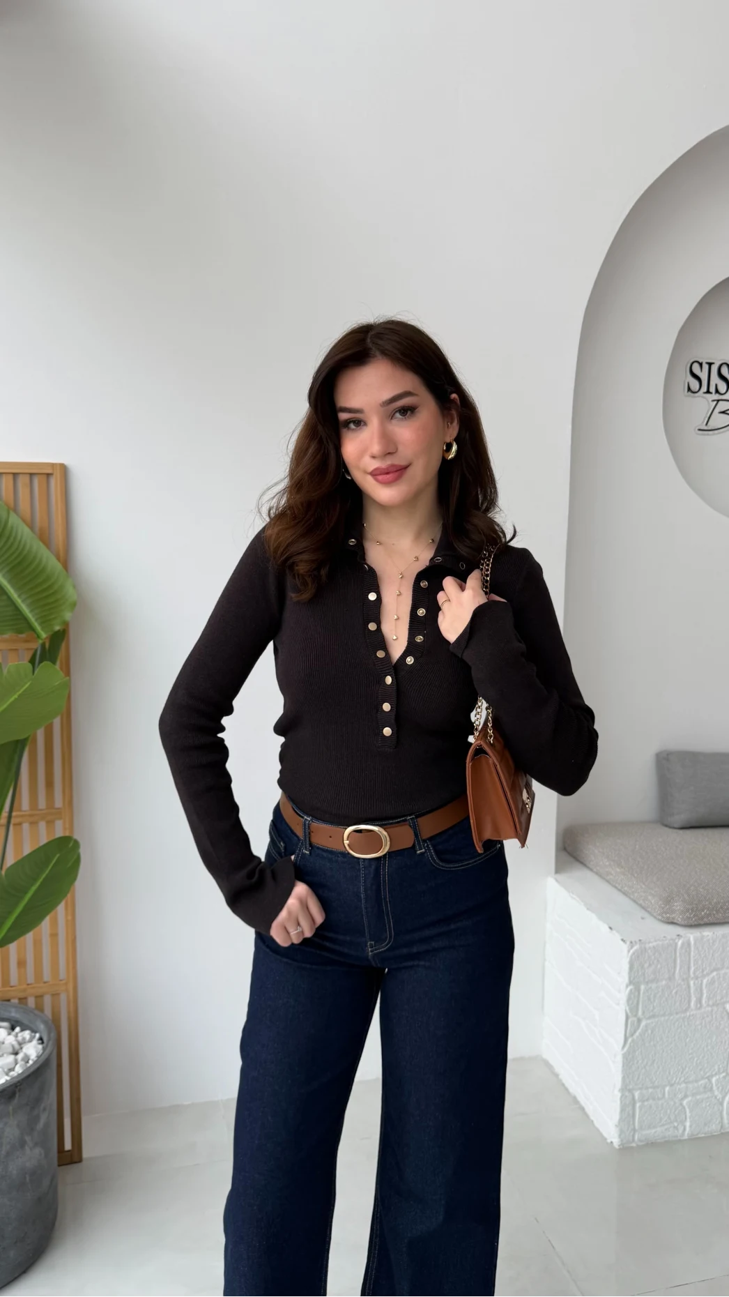 Sasha Dik Yaka Düğmeli Triko Kazak - Siyah Tonlu