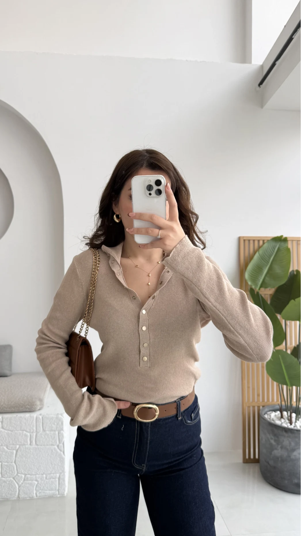 Sasha Dik Yaka Düğmeli Triko Kazak - Vizon