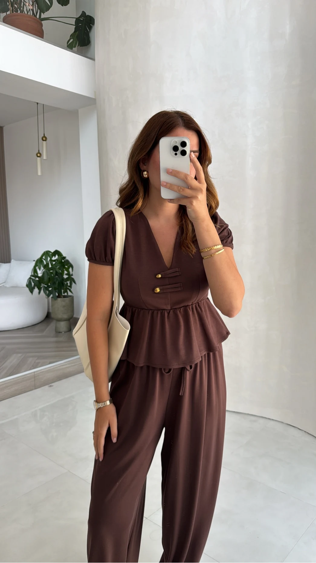 Saskia Modal Bluz Pantolon Takım - Kahverengi - Kod: 4165