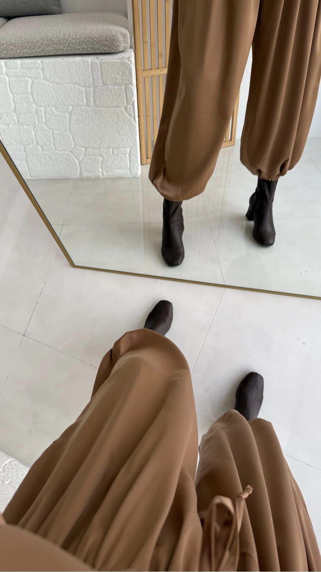 Saten Bomber Ceket Pantolon Takım - Camel - Kod: 9631