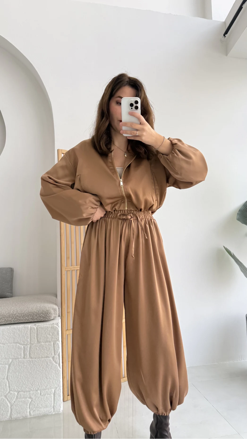 Saten Bomber Ceket Pantolon Takım - Camel - Kod: 9631