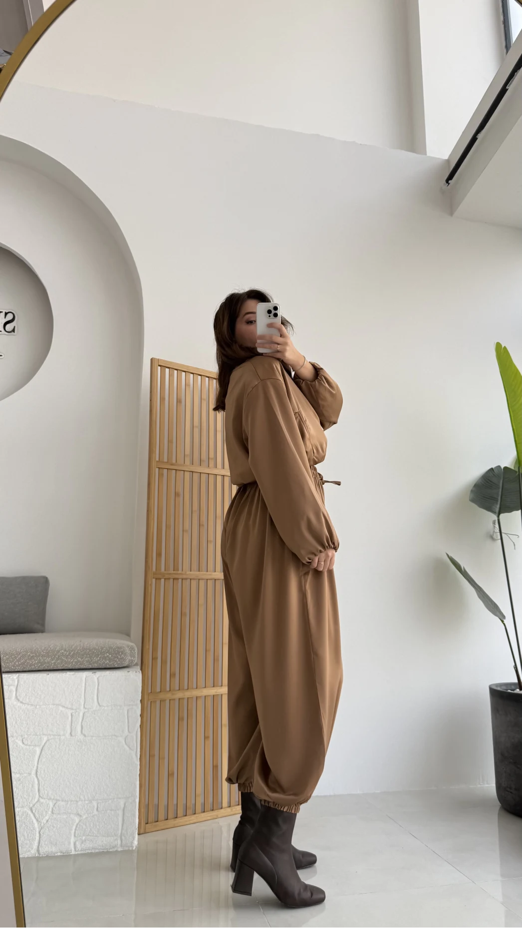 Saten Bomber Ceket Pantolon Takım - Camel - Kod: 9631