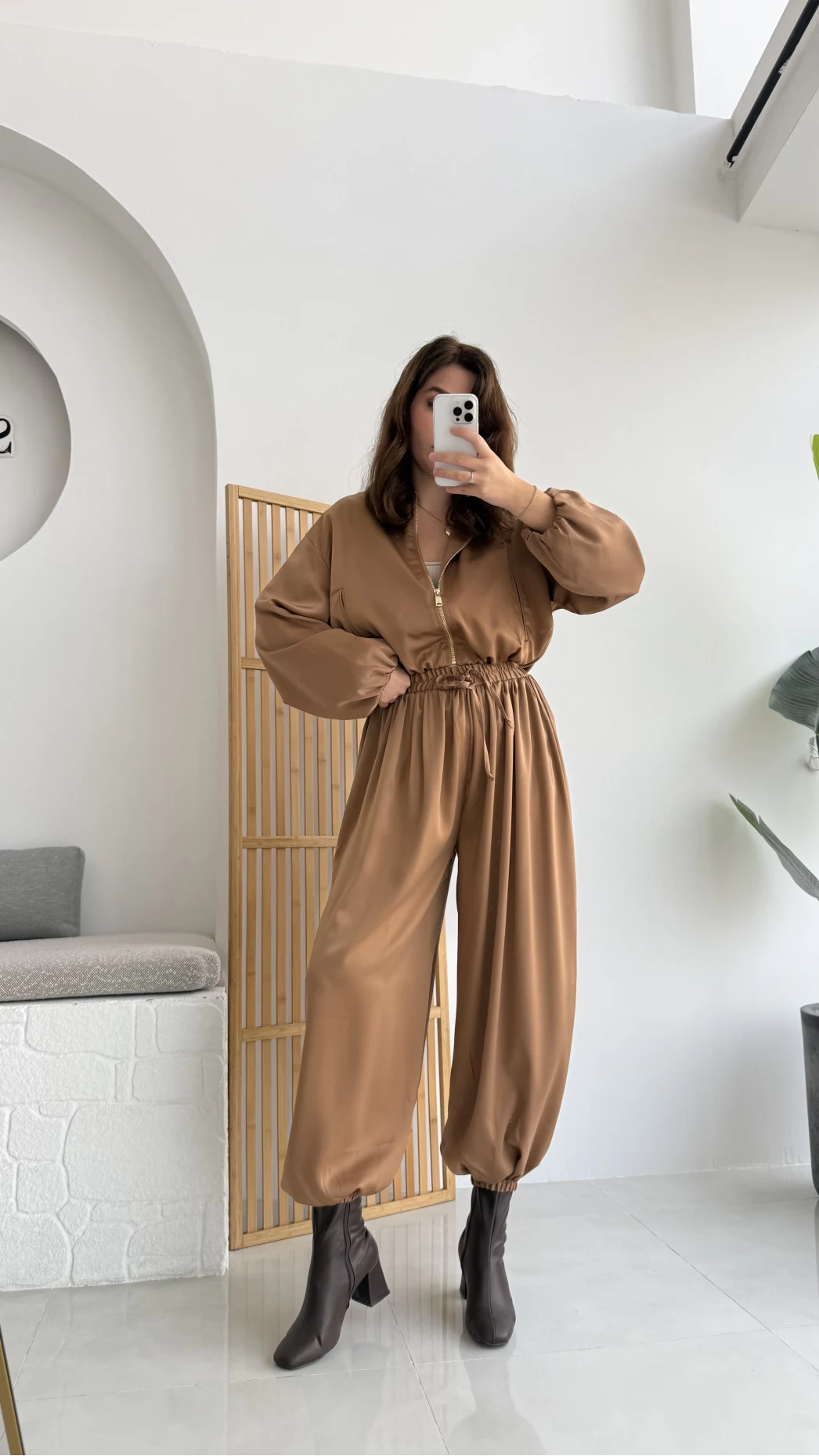 Saten Bomber Ceket Pantolon Takım - Camel - Kod: 9631