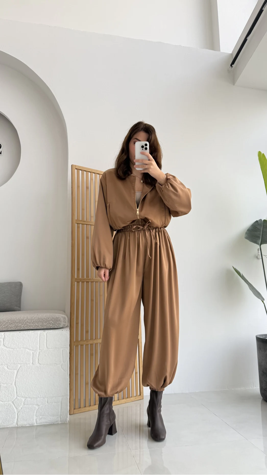 Saten Bomber Ceket Pantolon Takım - Camel - Kod: 9631