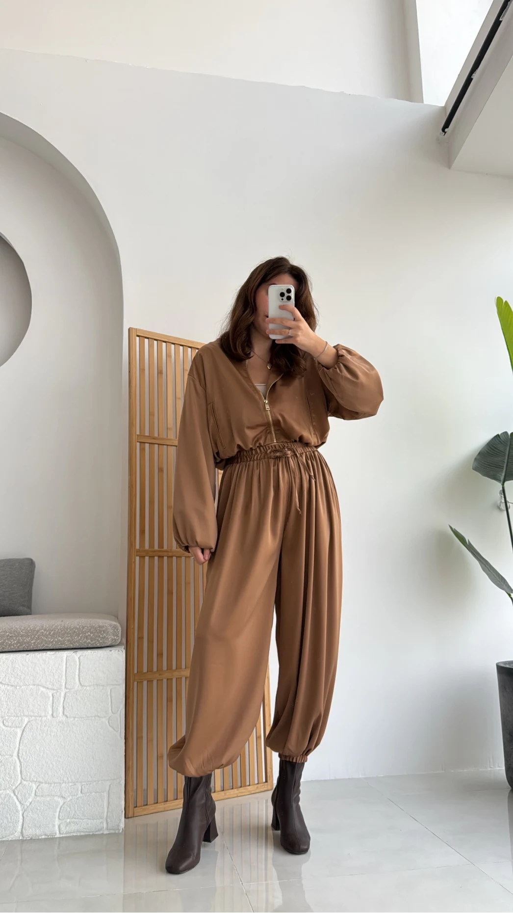 Saten Bomber Ceket Pantolon Takım - Camel - Kod: 9631