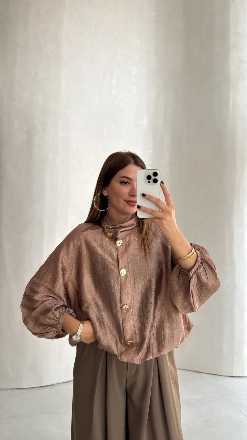 Saten Bomber İnce Ceket - Vizon - Kod: 9775